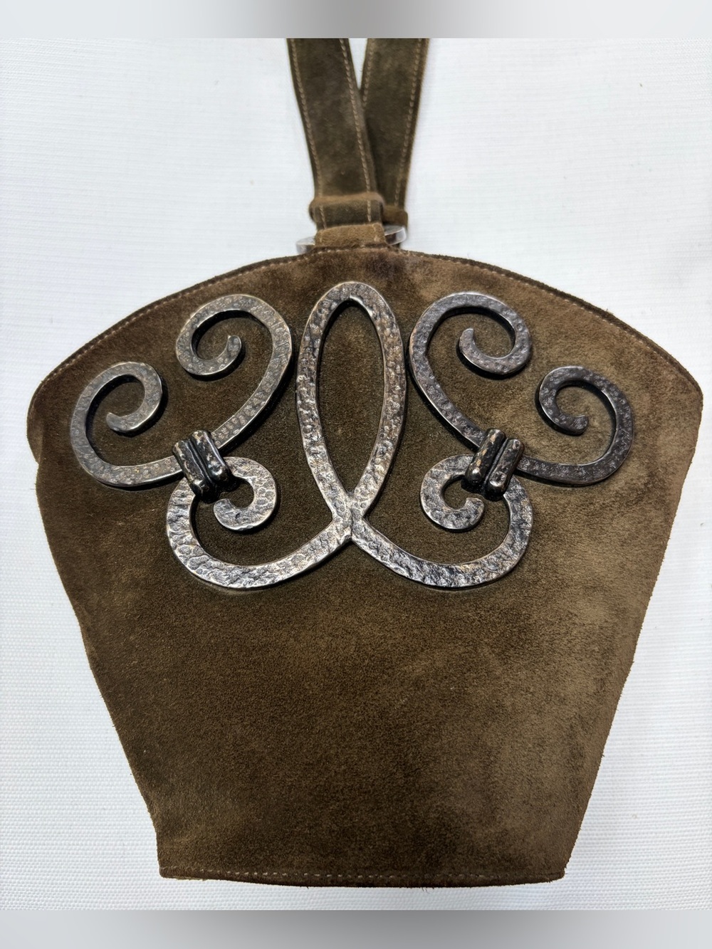 Vintage Paloma Picasso Olive Suede Handbag with Decorative Hammered Metal Accent